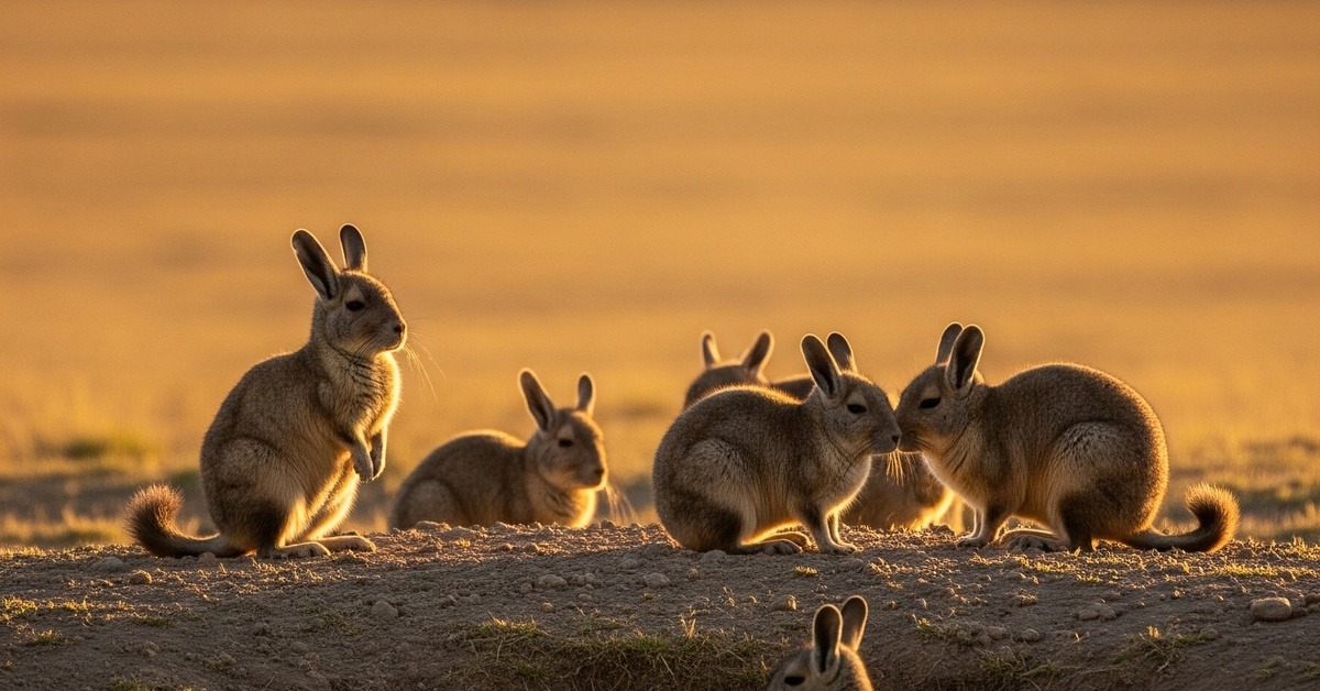 Group of plains viscachas gathered outside their communal vizcachera burrow at dusk