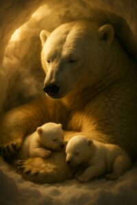 Polar bear mother nursing tiny newborn cub inside a snow den in Arctic winter