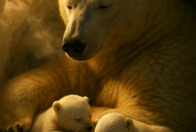 Polar bear mother nursing tiny newborn cub inside a snow den in Arctic winter