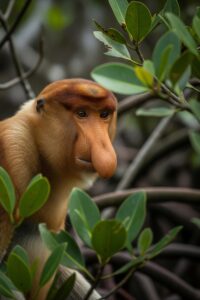 Male proboscis monkey with enormous drooping nose peering through lush Borneo mangrove leaves