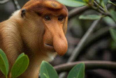 Male proboscis monkey with enormous drooping nose peering through lush Borneo mangrove leaves