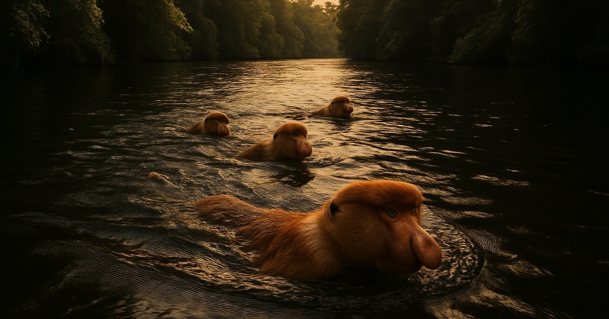 Proboscis monkey group swimming across a dark jungle river in Borneo at dusk