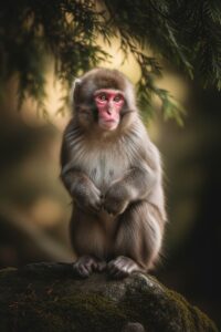 Baby Japanese macaque Punchy standing upright alone on two legs outdoors
