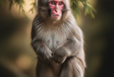 Baby Japanese macaque Punchy standing upright alone on two legs outdoors