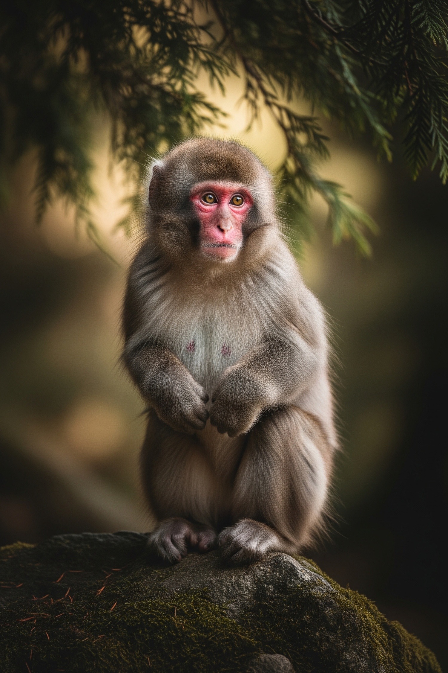 Baby Japanese macaque Punchy standing upright alone on two legs outdoors