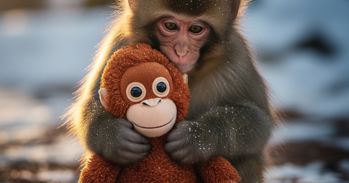 Young Japanese macaque clutching a plush surrogate doll on rocky ground