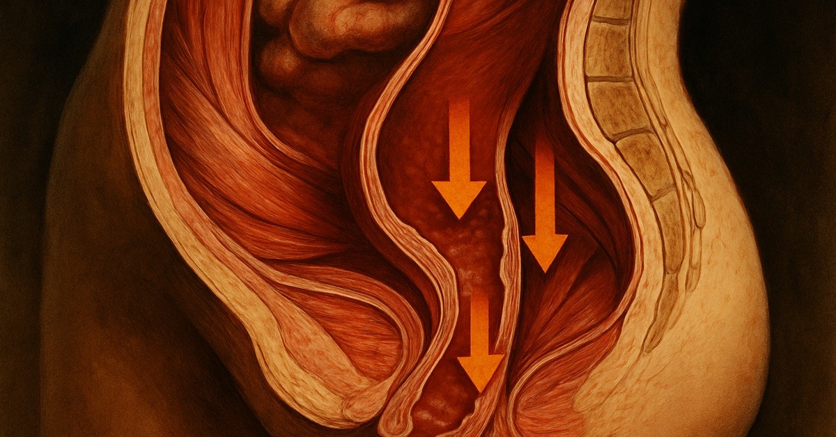 Medical illustration showing pelvic tissue anatomy and the effects of prolonged sitting