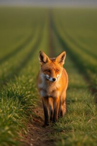 A red fox vixen pausing at the edge of a misty English farm field at dusk