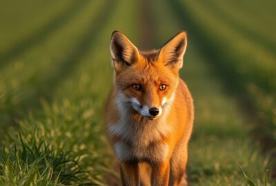 A red fox vixen pausing at the edge of a misty English farm field at dusk
