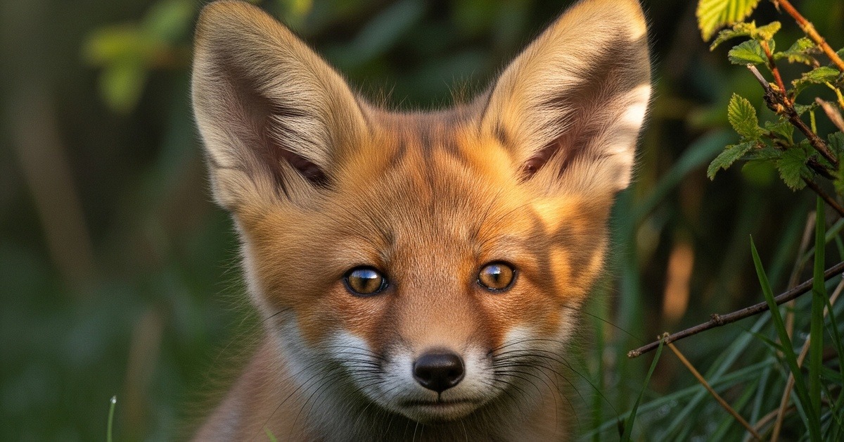 Close-up of a red fox kit peering from dense hedgerow in soft morning light