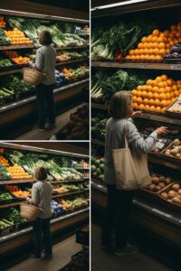 Woman browsing fresh produce aisles inside a bright community food hub supermarket