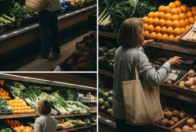 Woman browsing fresh produce aisles inside a bright community food hub supermarket