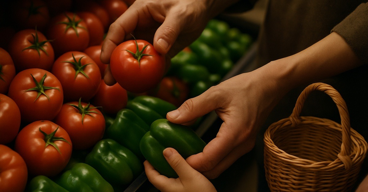Hands placing colorful vegetables into a shopping basket inside a free grocery store