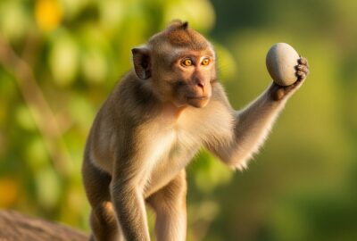Young macaque monkey confidently carrying a smooth rock across a sunlit sanctuary hillside