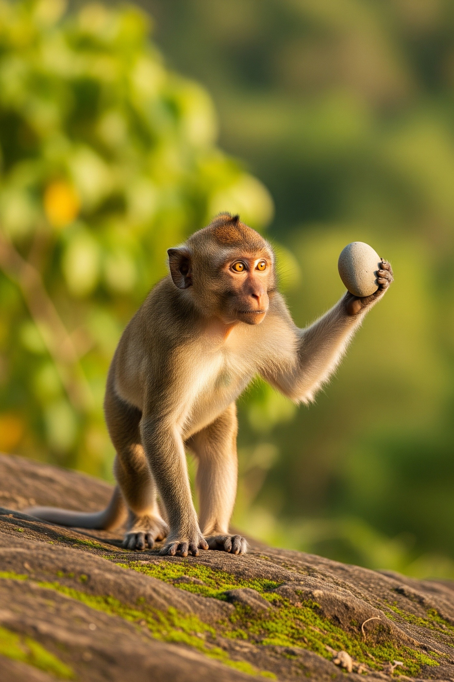 Young macaque monkey confidently carrying a smooth rock across a sunlit sanctuary hillside