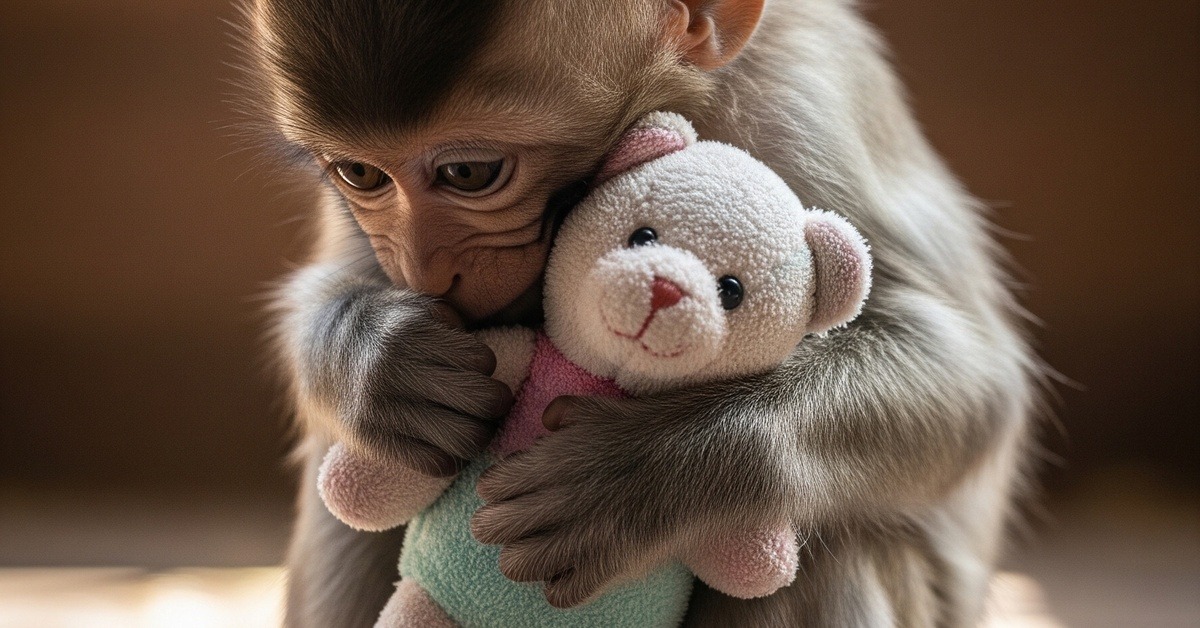 Close-up of a small macaque clutching a soft toy doll in a wildlife rescue sanctuary