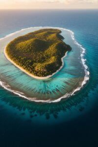 Aerial view of a lush private Caribbean island surrounded by turquoise water at golden hour