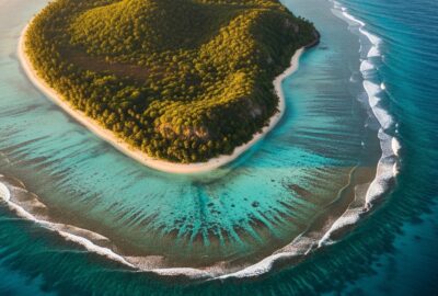 Aerial view of a lush private Caribbean island surrounded by turquoise water at golden hour
