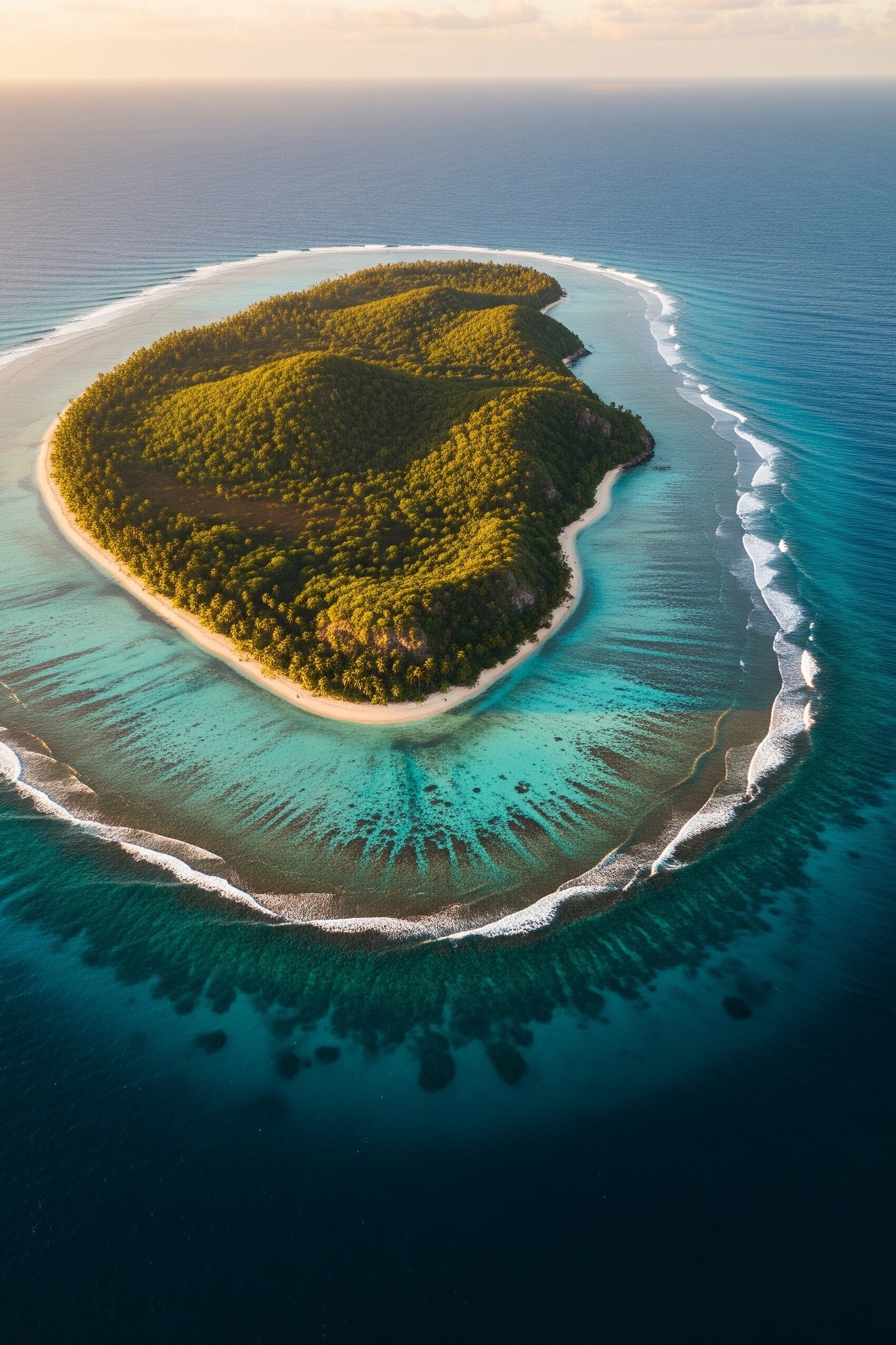 Aerial view of a lush private Caribbean island surrounded by turquoise water at golden hour