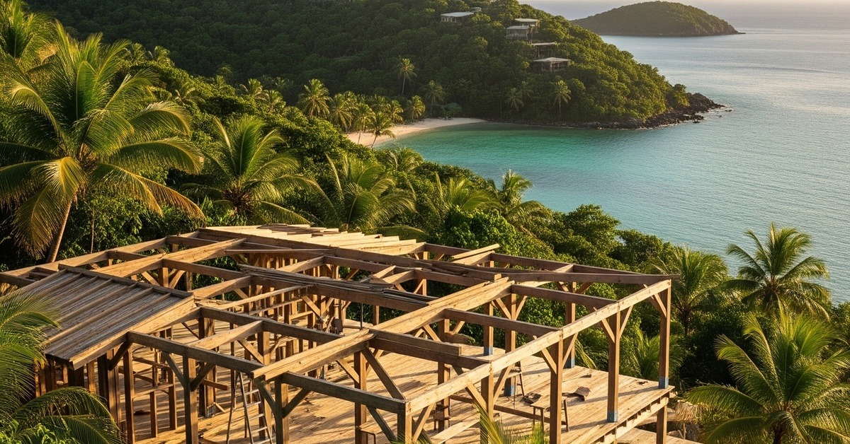 Rustic open-air tropical resort pavilion overlooking a secluded Caribbean bay at sunset