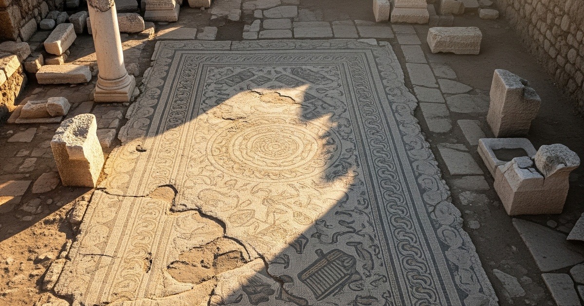Close-up of colorful Roman tesserae stones interlocked in undulating earthquake ripple pattern
