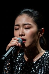 Rosé performing under dramatic spotlight on the Grammy Awards stage in 2026