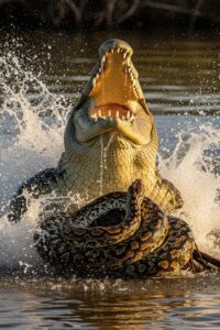 Massive saltwater crocodile confronting a large scrub python in flooded Australian wetlands