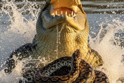Massive saltwater crocodile confronting a large scrub python in flooded Australian wetlands