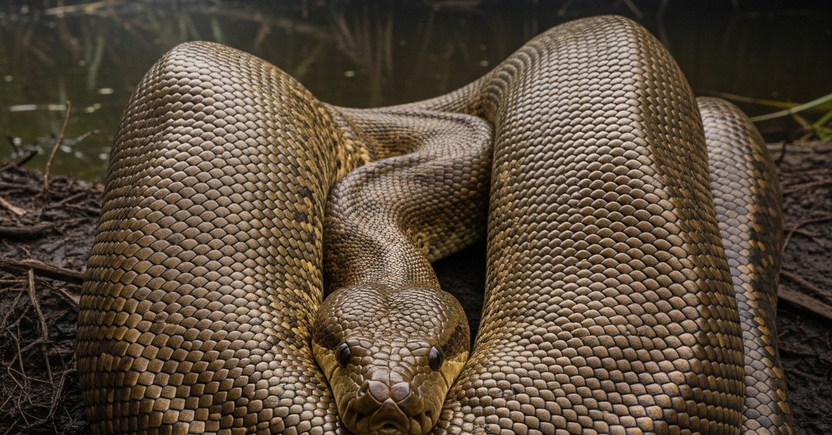 Giant scrub python coiled defensively beside murky tropical wetland water