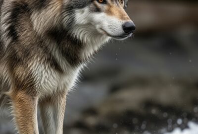 A wild sea wolf wading through shallow Pacific tidal waters at low tide