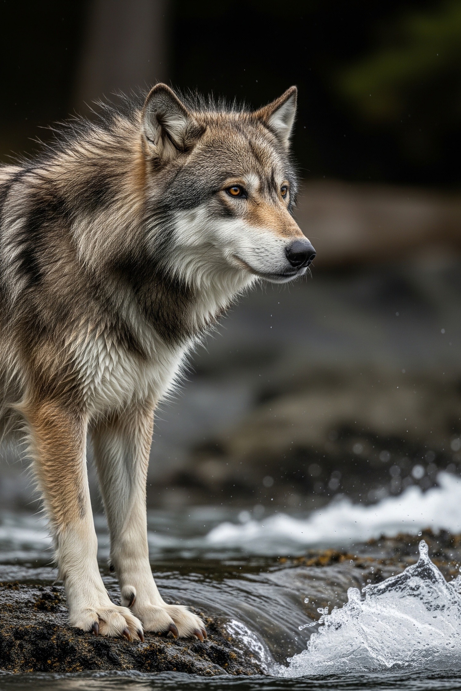 A wild sea wolf wading through shallow Pacific tidal waters at low tide