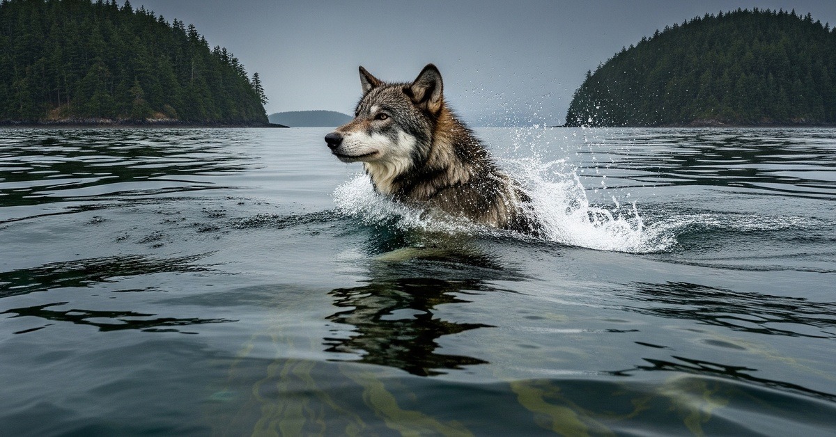 Coastal wolf swimming between forested islands in British Columbia