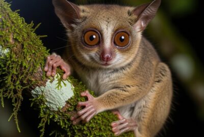 Wide-eyed Senegal bush baby clinging to a tree branch at night in Africa