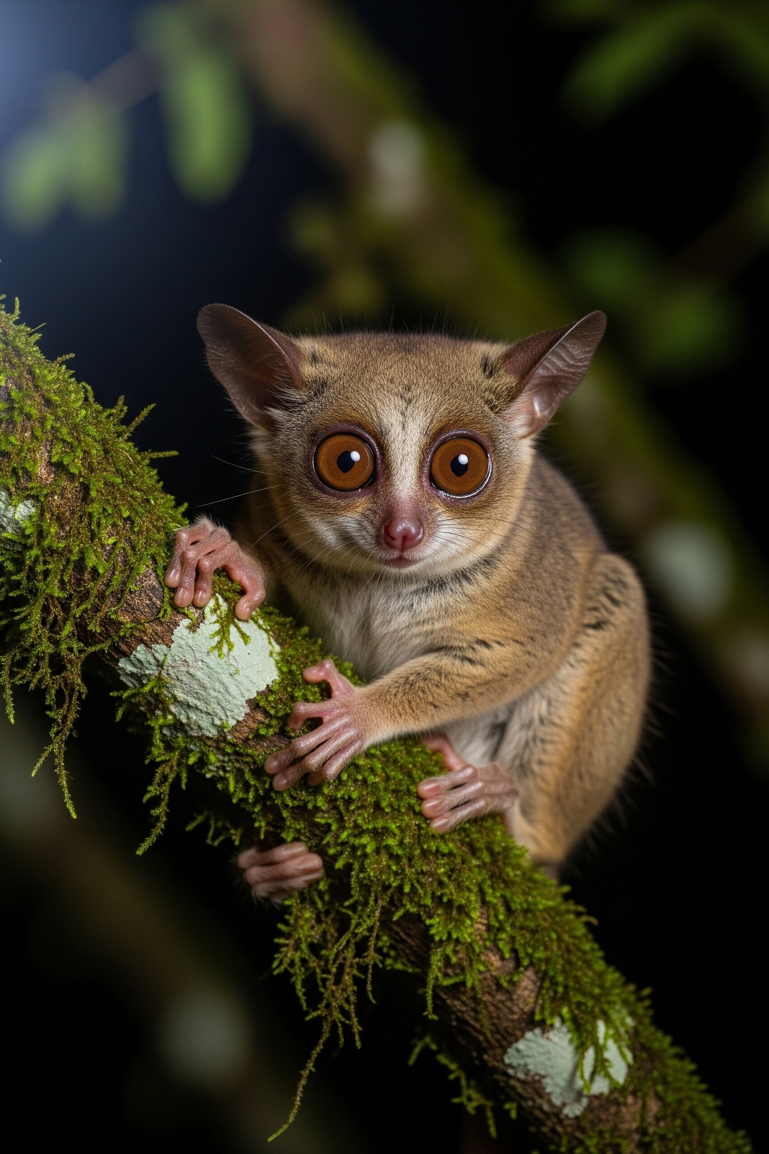 Wide-eyed Senegal bush baby clinging to a tree branch at night in Africa