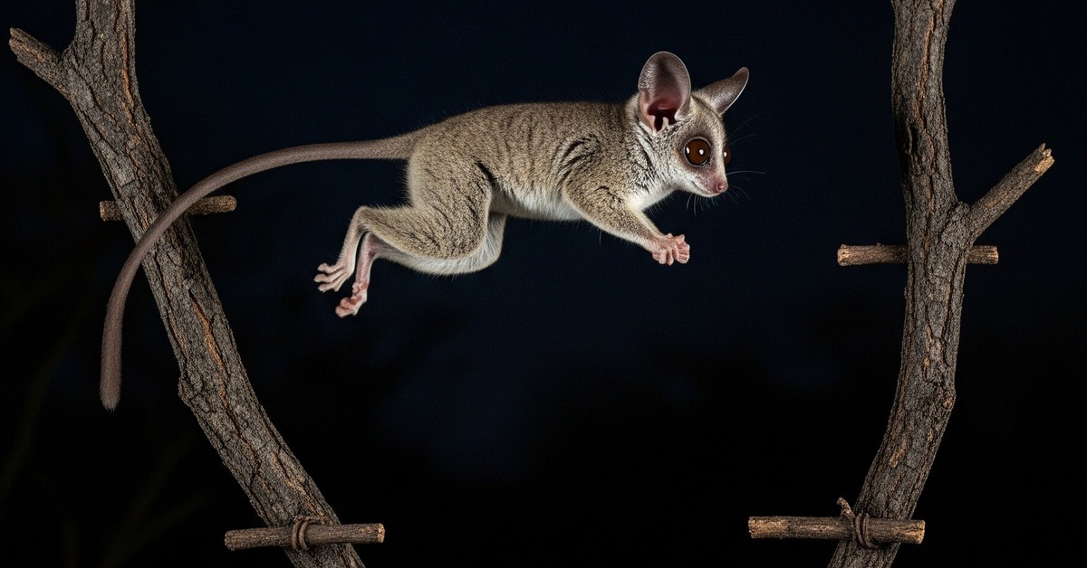 Tiny bush baby mid-leap between acacia branches under a dark African sky