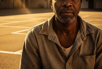Dramatic cinematic still of a lone figure in a sunlit prison yard, evoking The Shawshank Redemption
