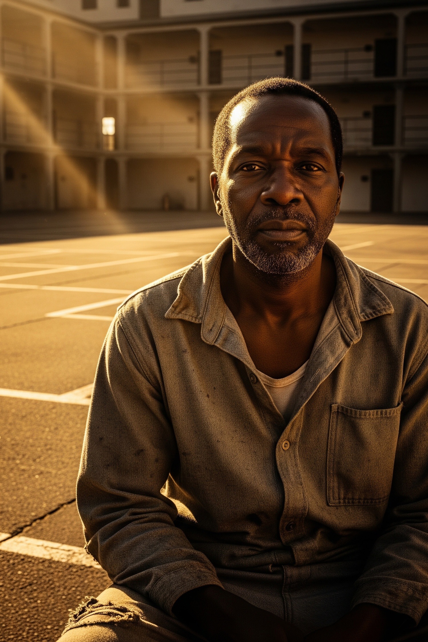Dramatic cinematic still of a lone figure in a sunlit prison yard, evoking The Shawshank Redemption