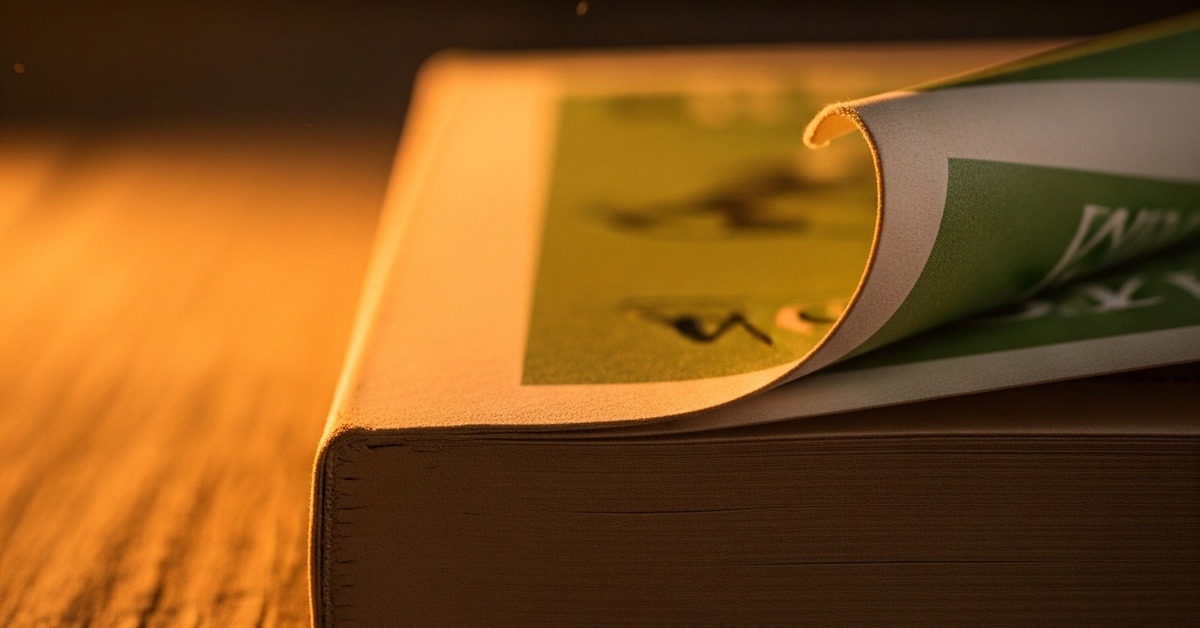 Weathered paperback novel resting on a wooden surface in moody directional light