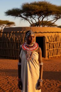 A Swiss woman standing at the edge of a remote Samburu village at golden hour Kenya