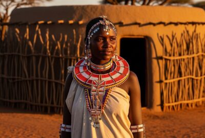 A Swiss woman standing at the edge of a remote Samburu village at golden hour Kenya