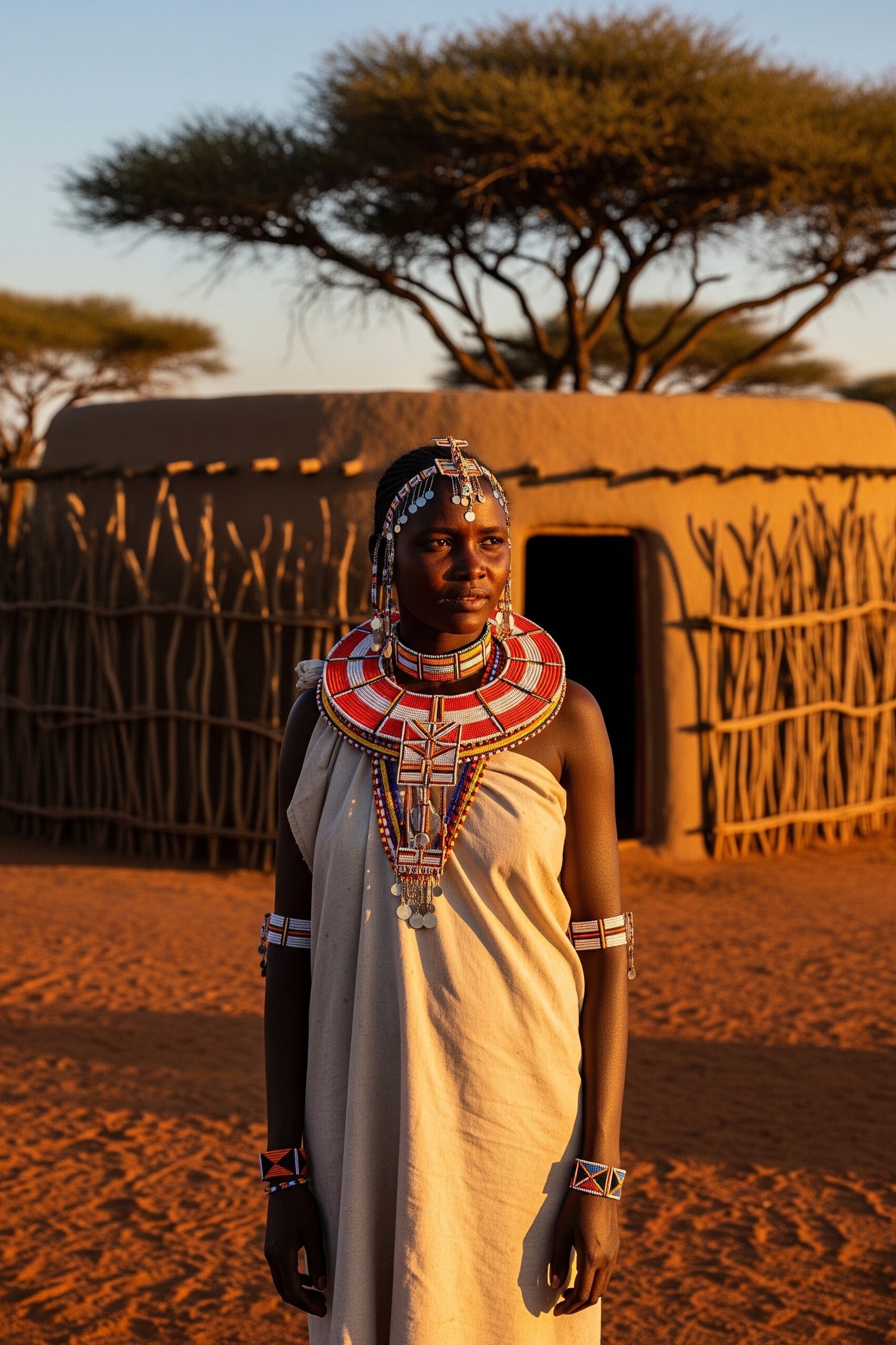 A Swiss woman standing at the edge of a remote Samburu village at golden hour Kenya