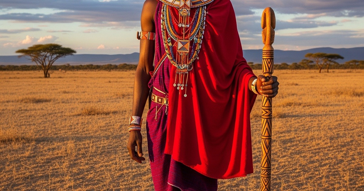 Traditional Samburu warrior in red shuka standing in arid northern Kenya landscape