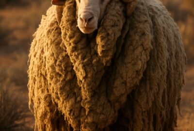 Massively overgrown Merino sheep covered in thick matted wool standing in a field