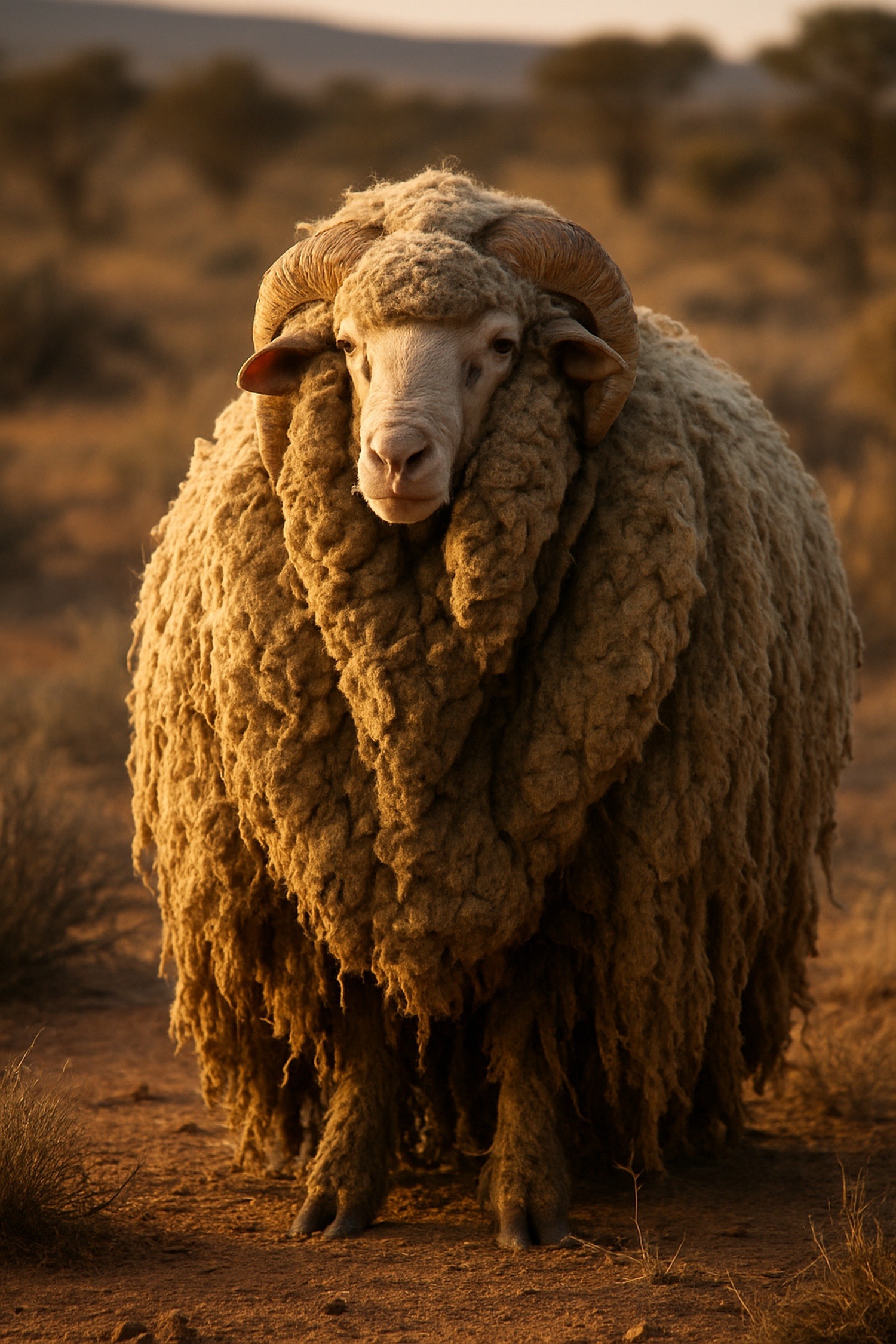 Massively overgrown Merino sheep covered in thick matted wool standing in a field