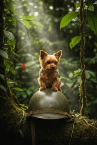 Tiny Yorkshire Terrier sitting among WWII soldiers in a jungle warzone camp