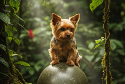 Tiny Yorkshire Terrier sitting among WWII soldiers in a jungle warzone camp