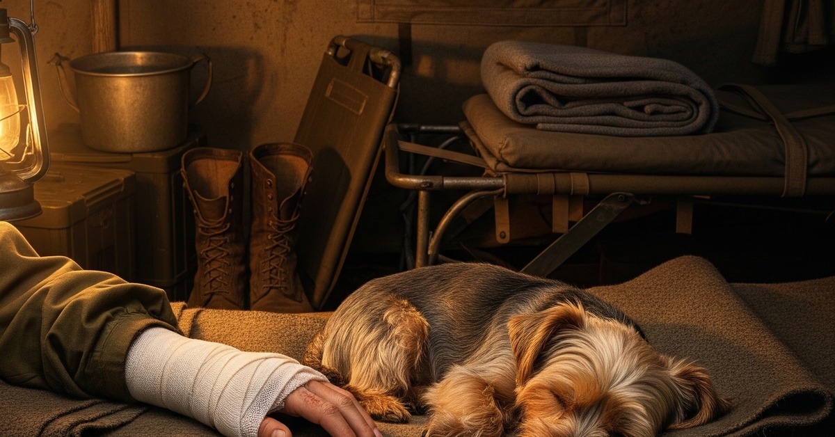 Small dog comforting wounded soldiers inside a WWII field hospital tent