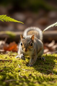 Tiny gray squirrel kit on forest floor looking upward with wide eyes