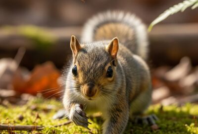 Tiny gray squirrel kit on forest floor looking upward with wide eyes