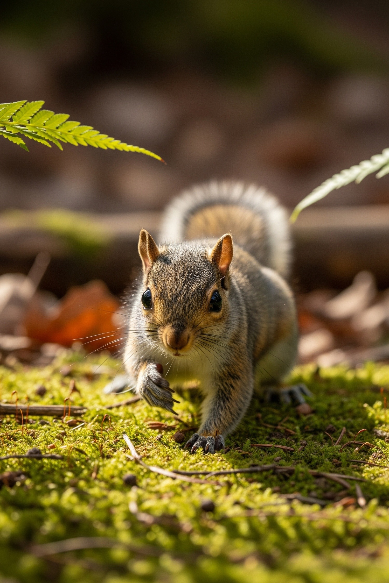 Tiny gray squirrel kit on forest floor looking upward with wide eyes